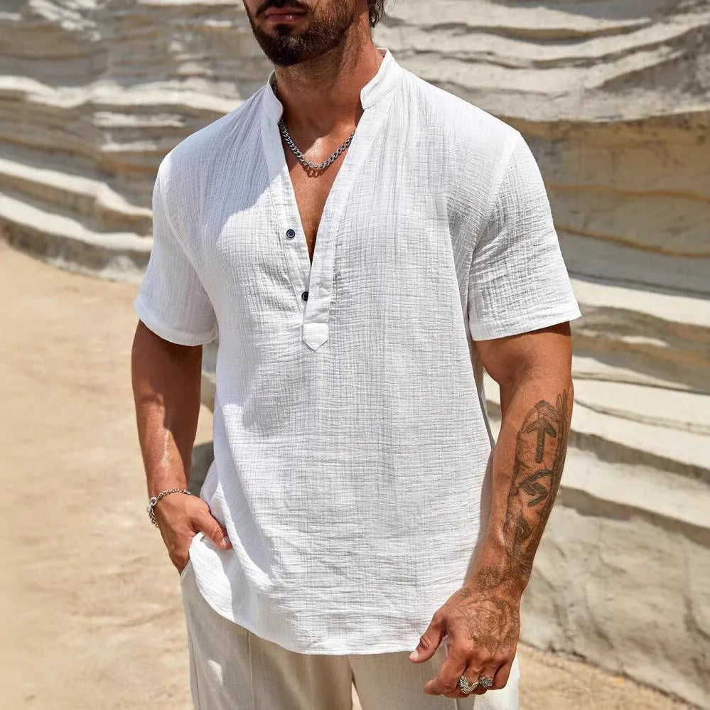 Men's solid colour stand collar short-sleeved shirt in polyester blend fabric for summer wear