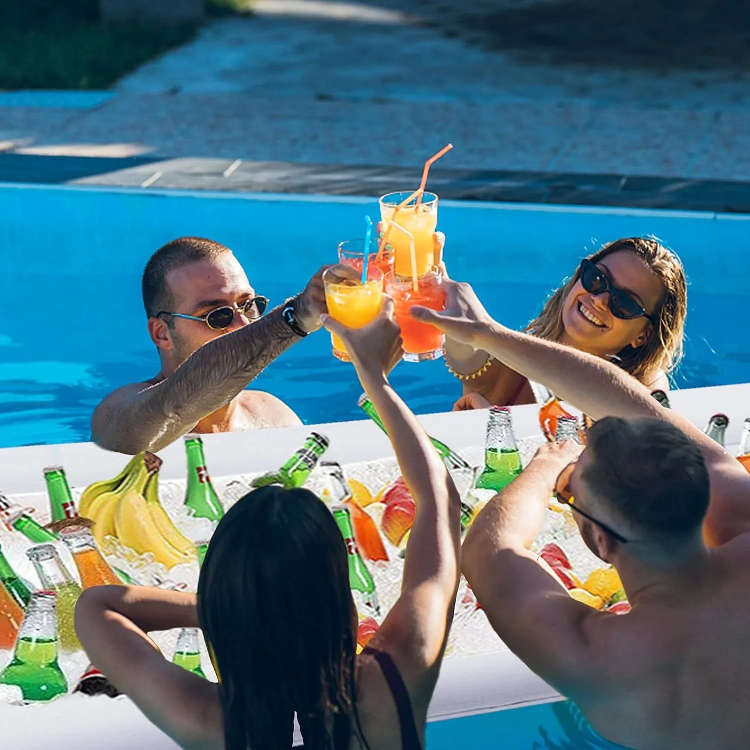 Inflatable PVC ice bar with cup holders and ice bucket accessory for party drink service