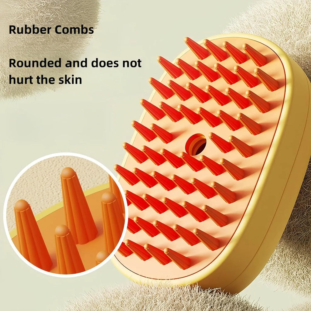 White rechargeable steam pet brush with soft rubber teeth and water tank for grooming dogs and cats.