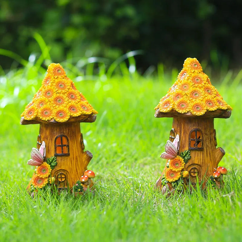 Hand-painted resin solar lamp decoration in tree house shape for outdoor garden lawn