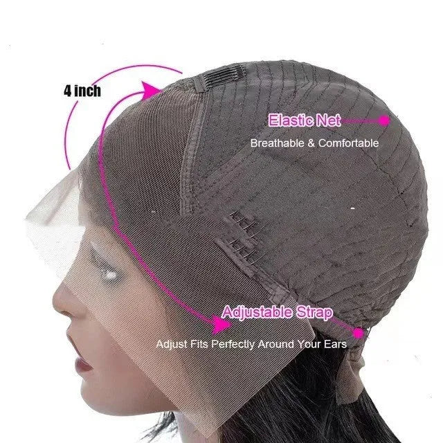 A woman wearing a Real Human Hair Lace Headgear with a 4x4 lace front in a long, straight style.