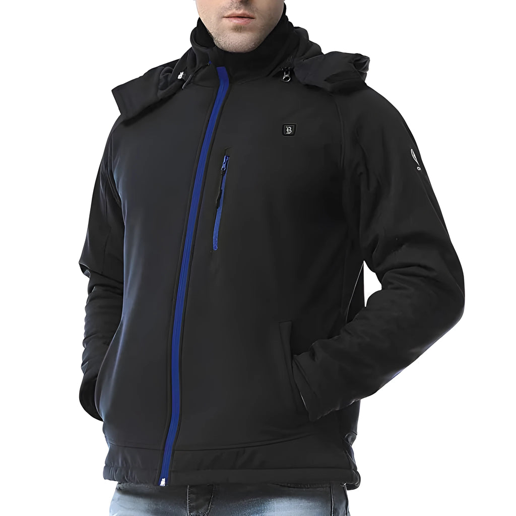 Black men's USB heated waterproof winter coat with straight hem and long sleeves shown on a hanger.