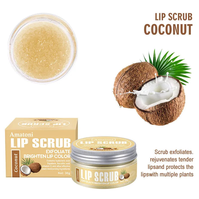 30g pot of Amatoni fruit flavour lip scrub cream in coconut, raspberry, vanilla, or watermelon