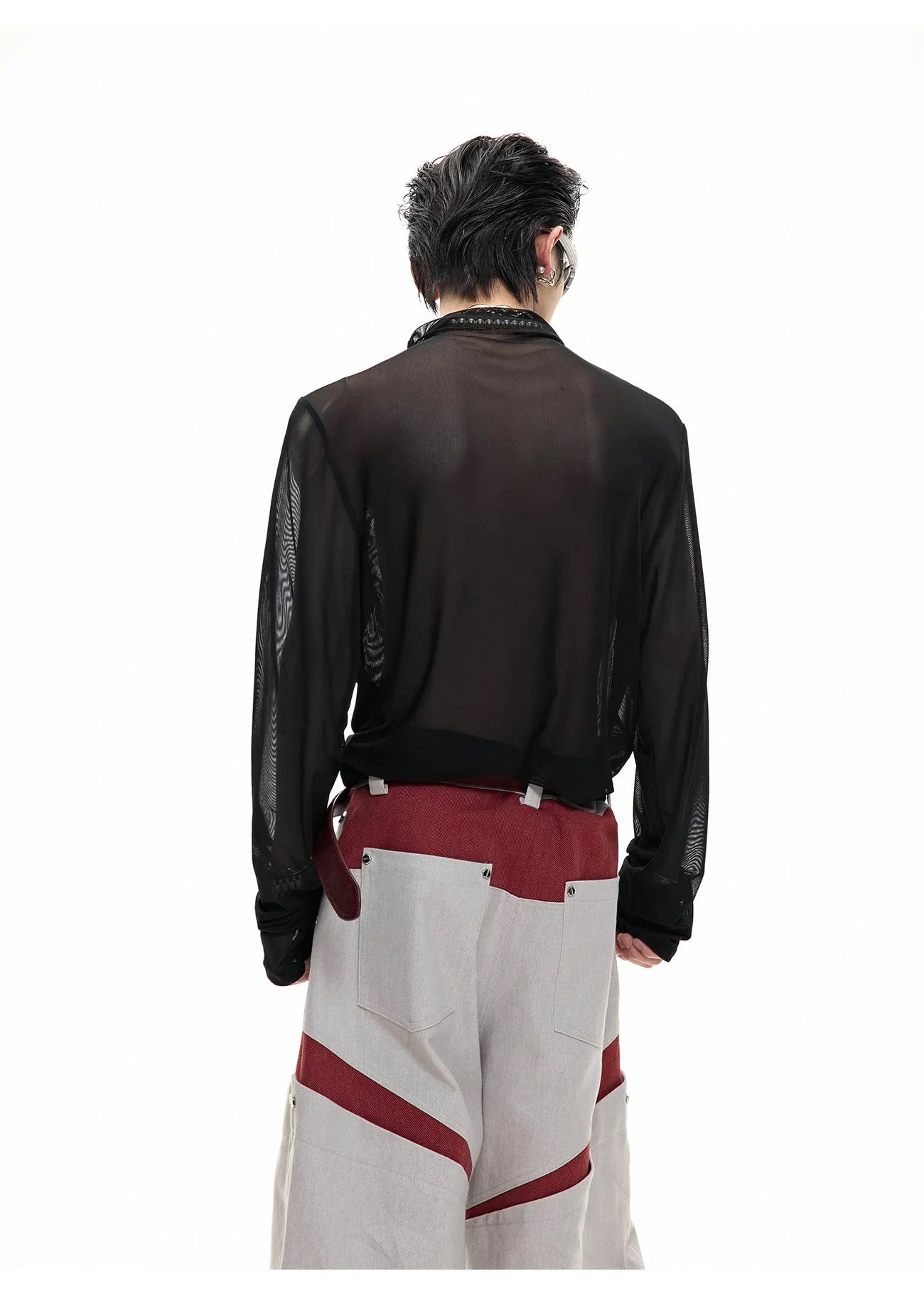 Black and white mesh ice-feel slim fit long sleeve bottoming shirt for layering