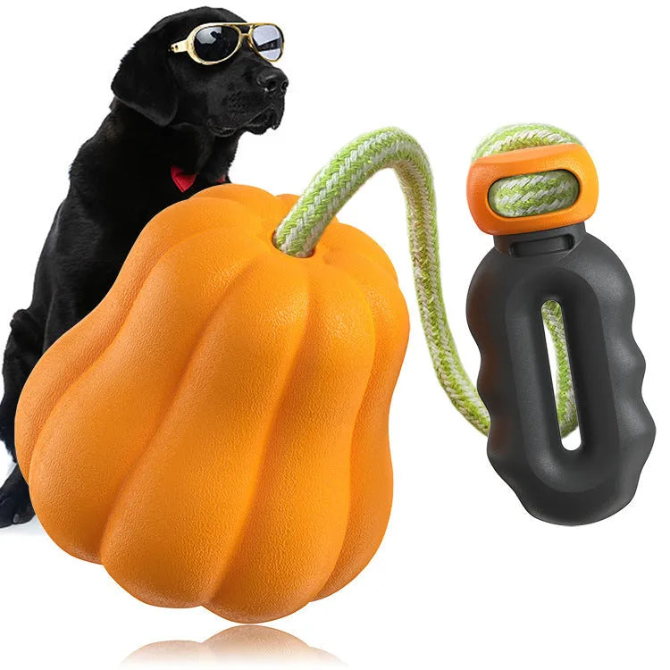 Orange pumpkin-shaped plastic dog chew toy with attached rope handle for large breed dogs