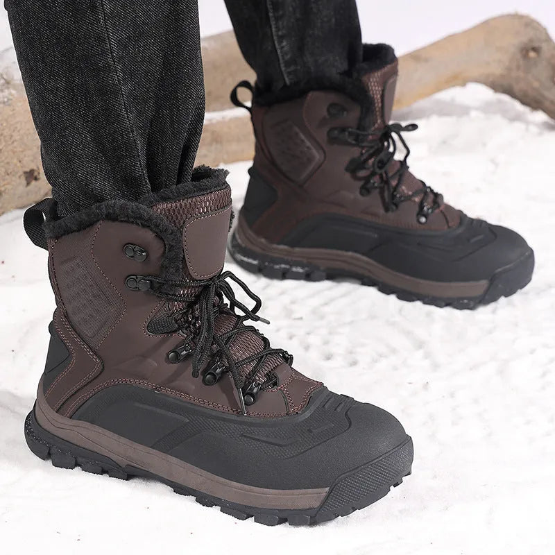 Men's black fleece-lined high-top lace-up work boots with a flat heel and ribbed sole.