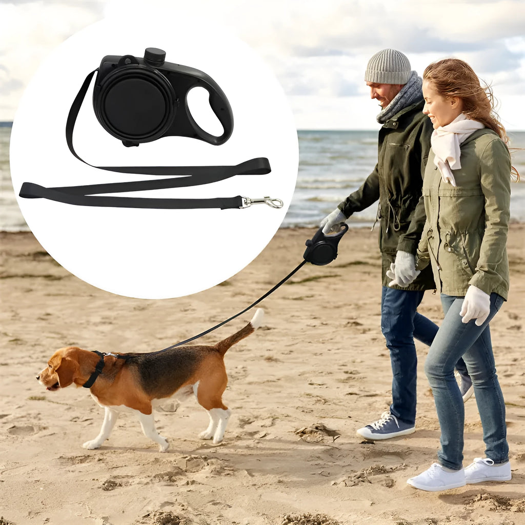 Blue plastic pet leash with attached water bottle on a bright background