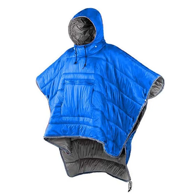 Outdoor cloak sleeping bag shown as wearable cape and flat 200x140cm blanket in army green