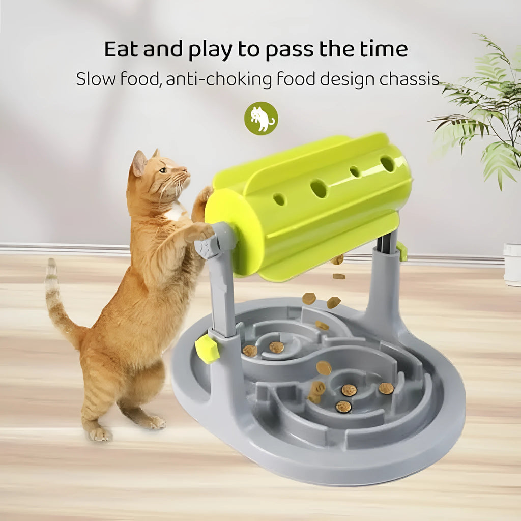 Blue interactive pet slow feeder puzzle bowl with adjustable height and raised patterns