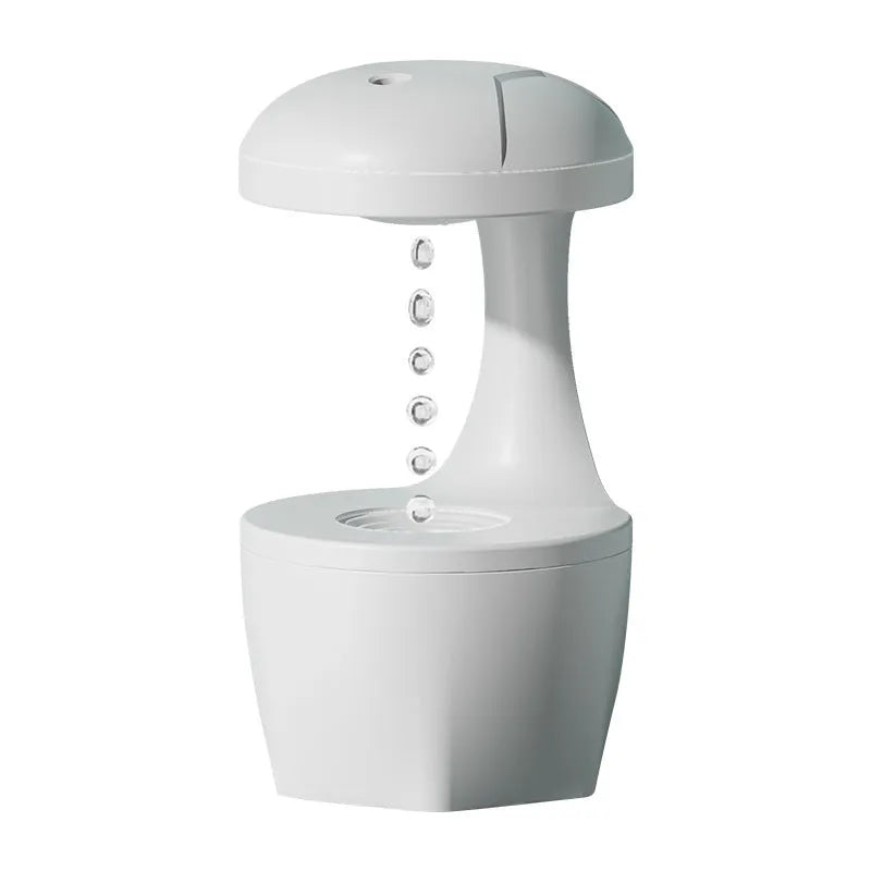 Suspended anti-gravity humidifier in white with USB cable, column shape, and ultrasonic mist output