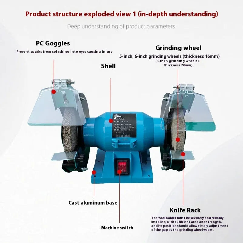 Compact 5-inch metal desktop polishing and sharpening machine on a workbench.