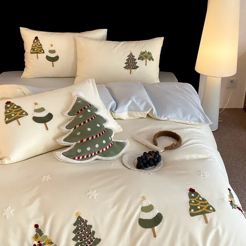 Cute Christmas tree towel embroidered pure cotton bedding set in cream blue or green green with floral patterns