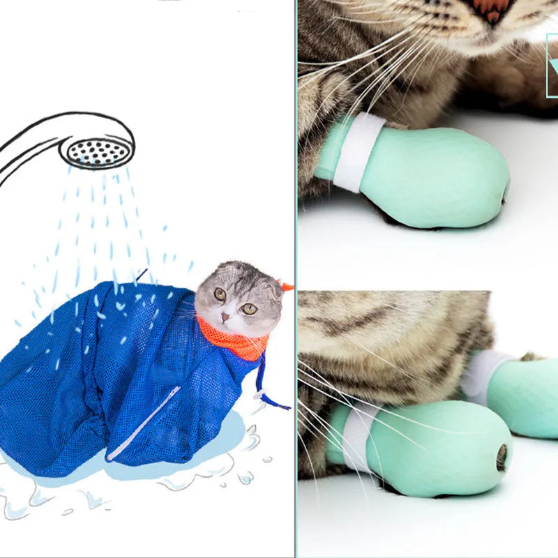 Set of four green silicone cat paw covers designed as anti-scratch gloves for pet washing and medication