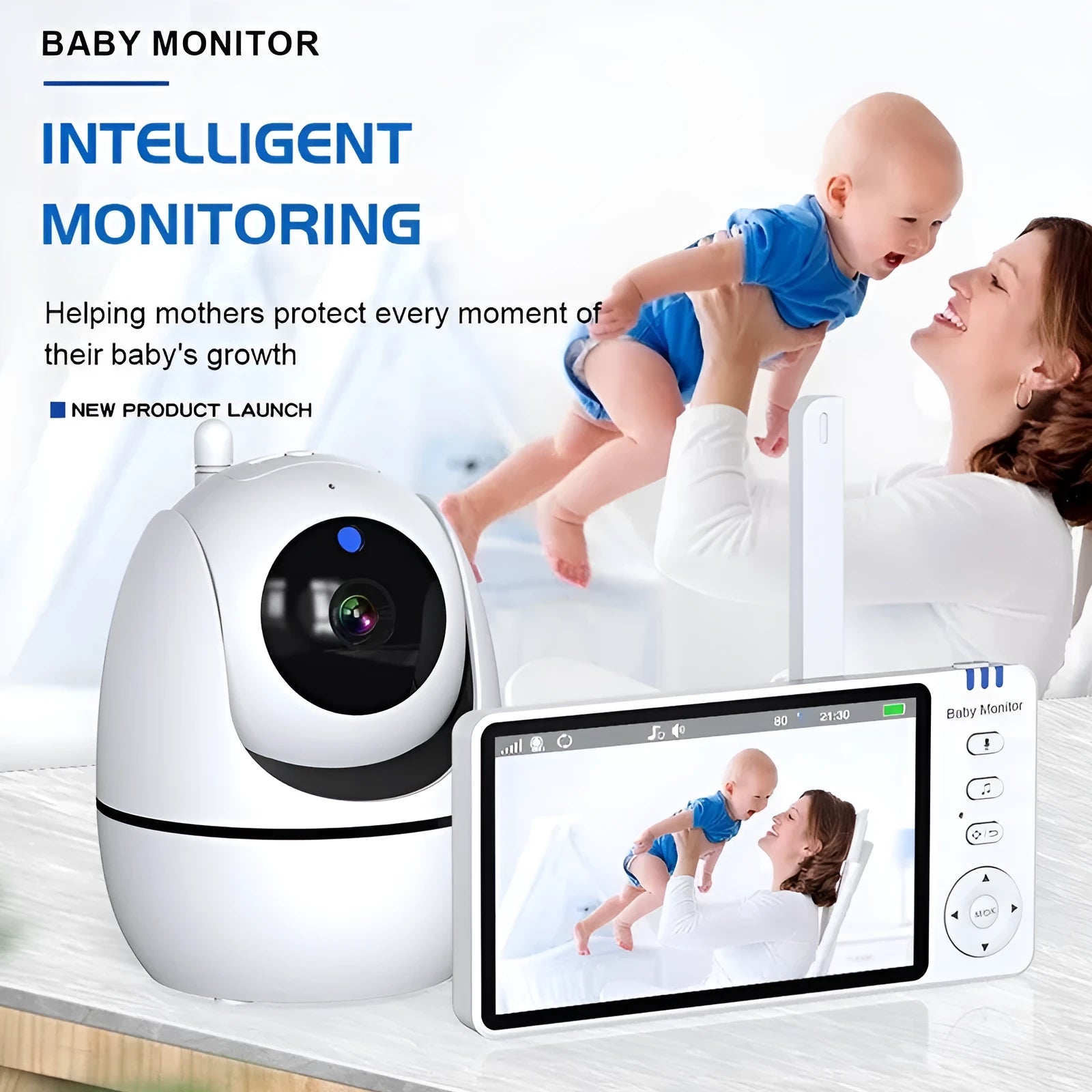 HD wireless baby monitor white with 5.0-inch 720p LCD screen, cry detection, and 3500mAh battery