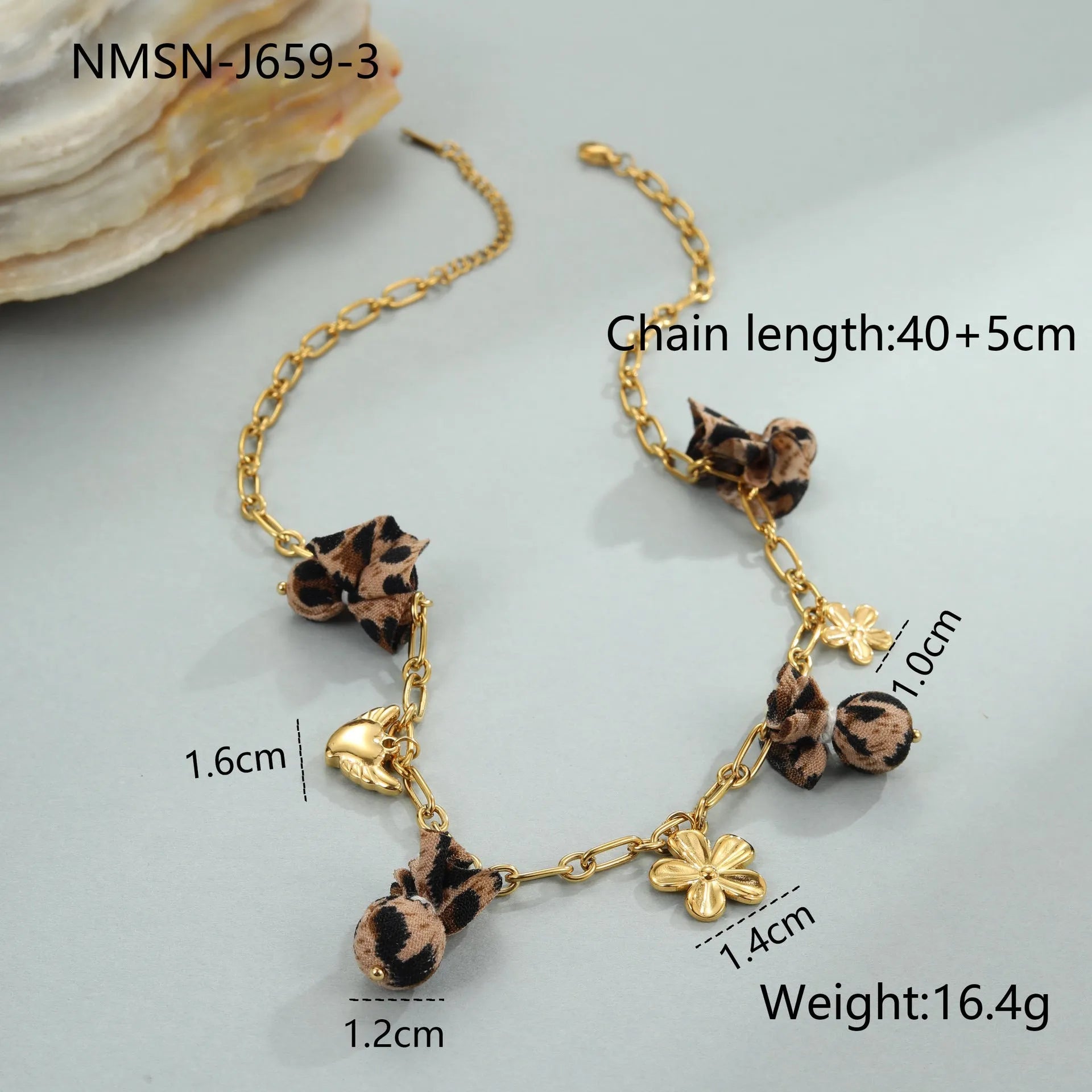 Stainless steel necklace with leopard, love hearts and flowers pendant on adjustable chain