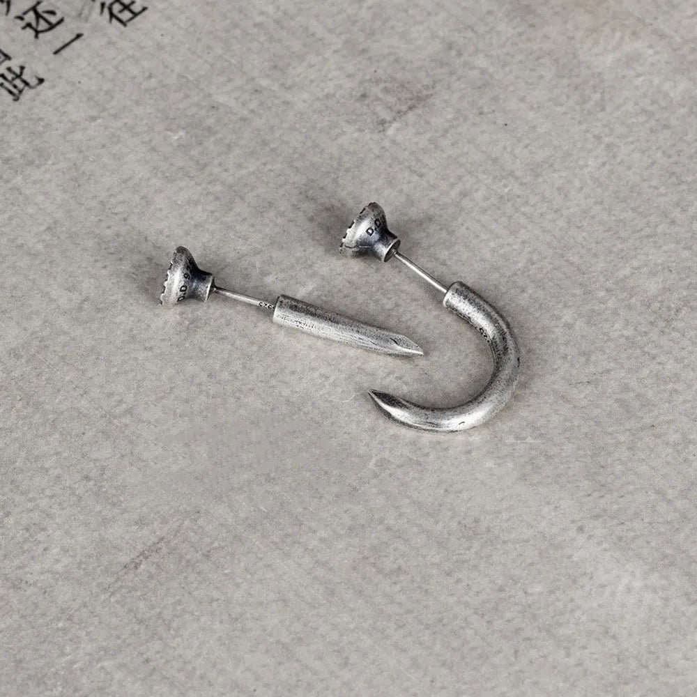 S925 sterling silver nail stud earring in straight or curved punk gothic design