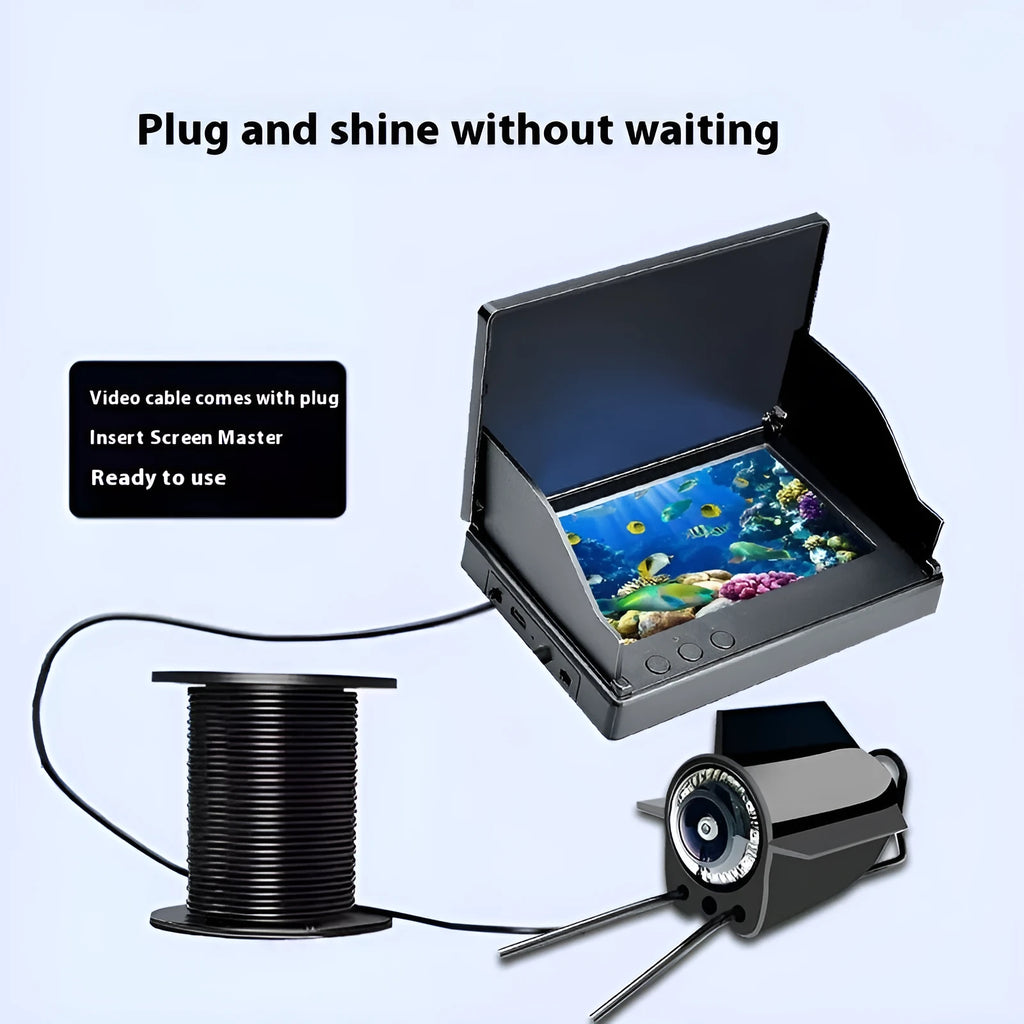 Fish finder underwater camera with 4.3-inch screen, showing wide-angle underwater view with night vision lights illuminated.