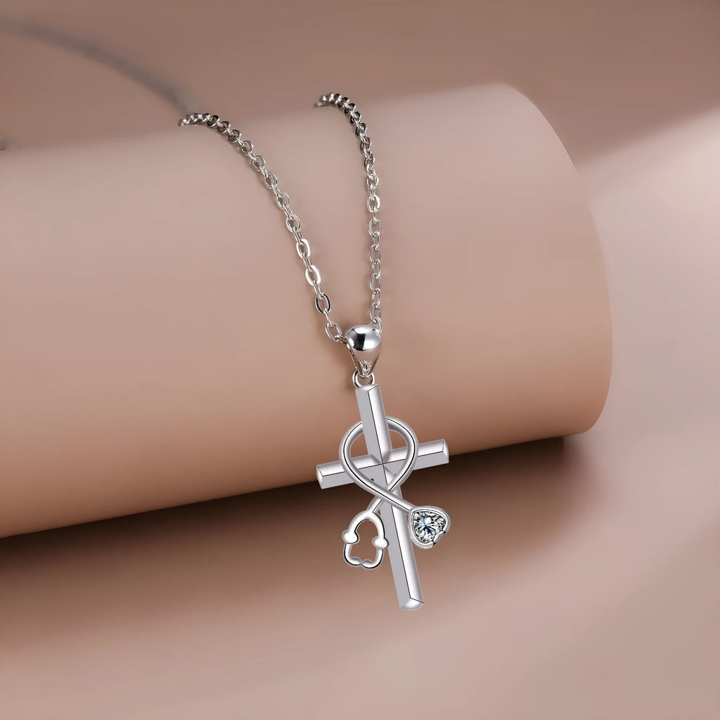 Copper cross stethoscope necklace with electroplated finish for women