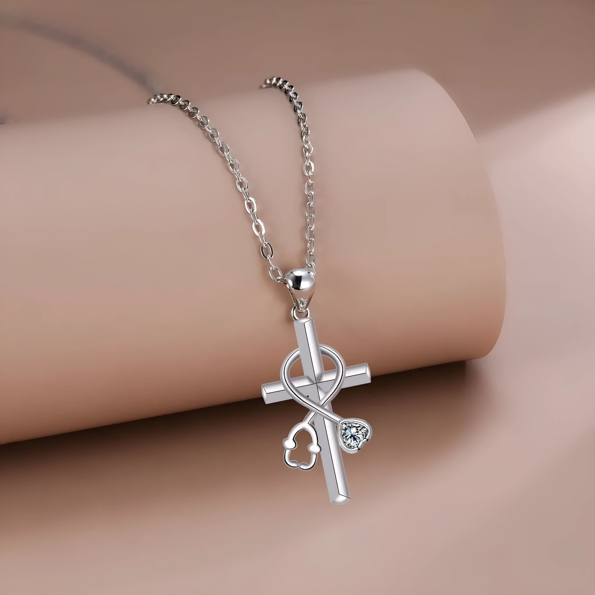 Copper cross stethoscope necklace with electroplated finish for women