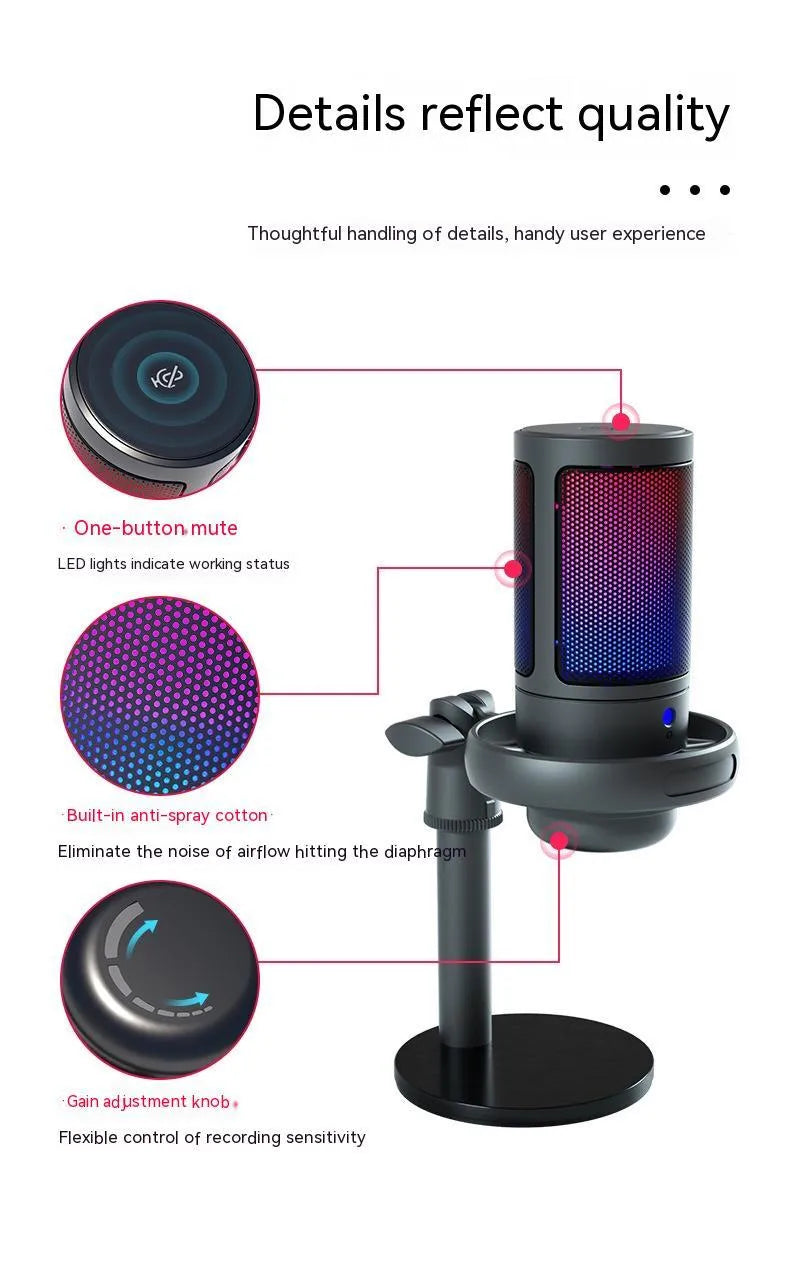 RGB condenser microphone with colourful lighting for computer recording and live broadcasts