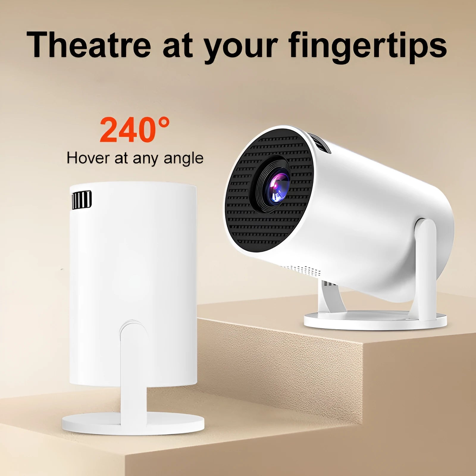White mini wireless portable HD projector on a table