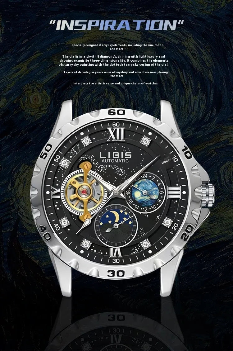 Men's silver case automatic watch with black leather strap and luminous starry dial