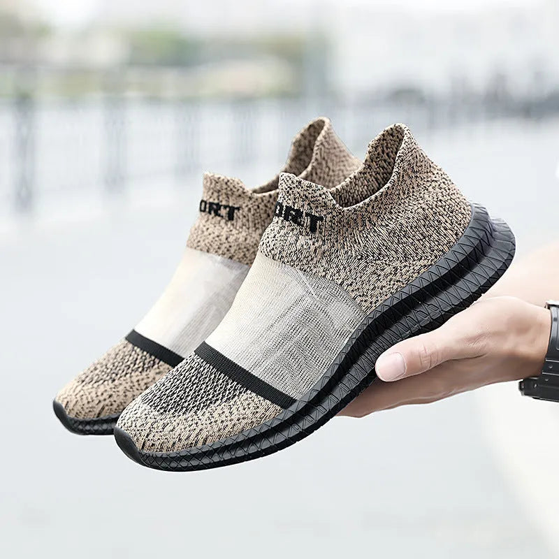 Breathable flyknit low top sock shoes in khaki with lace and hollow details, pair of casual sports shoes