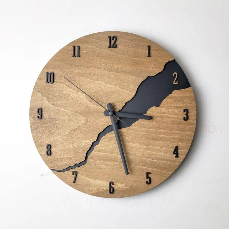 Modern wooden wall clock with creative crack pattern design in colour option