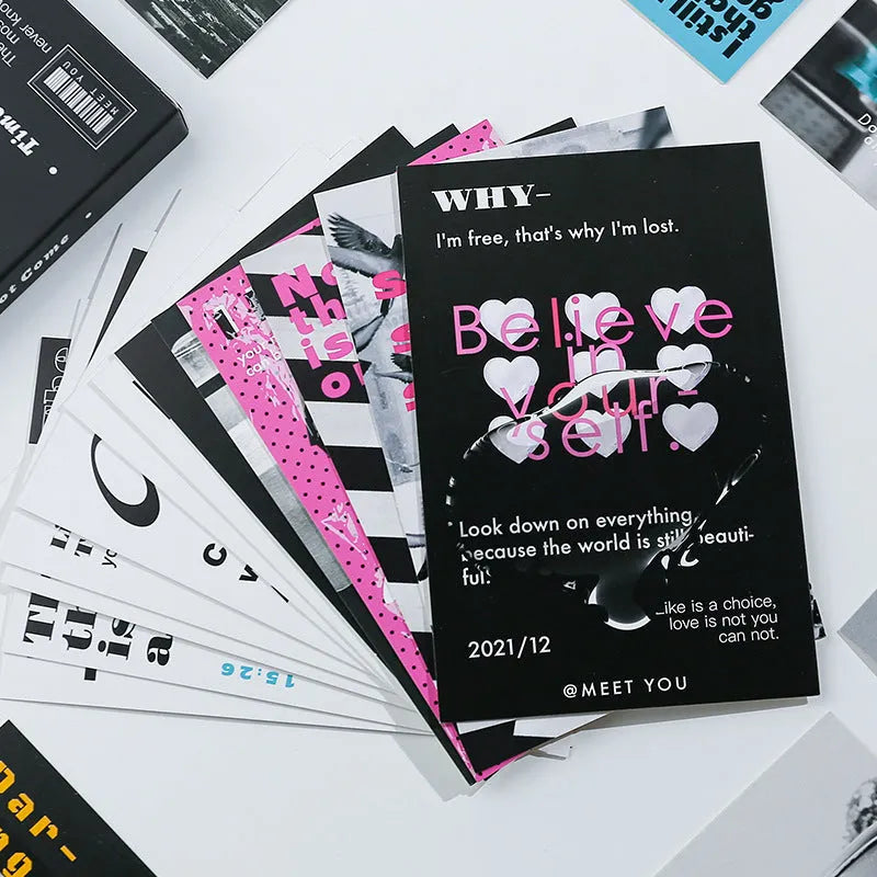 Box of fresh-style printed postcards showing the two design models for gift messages.