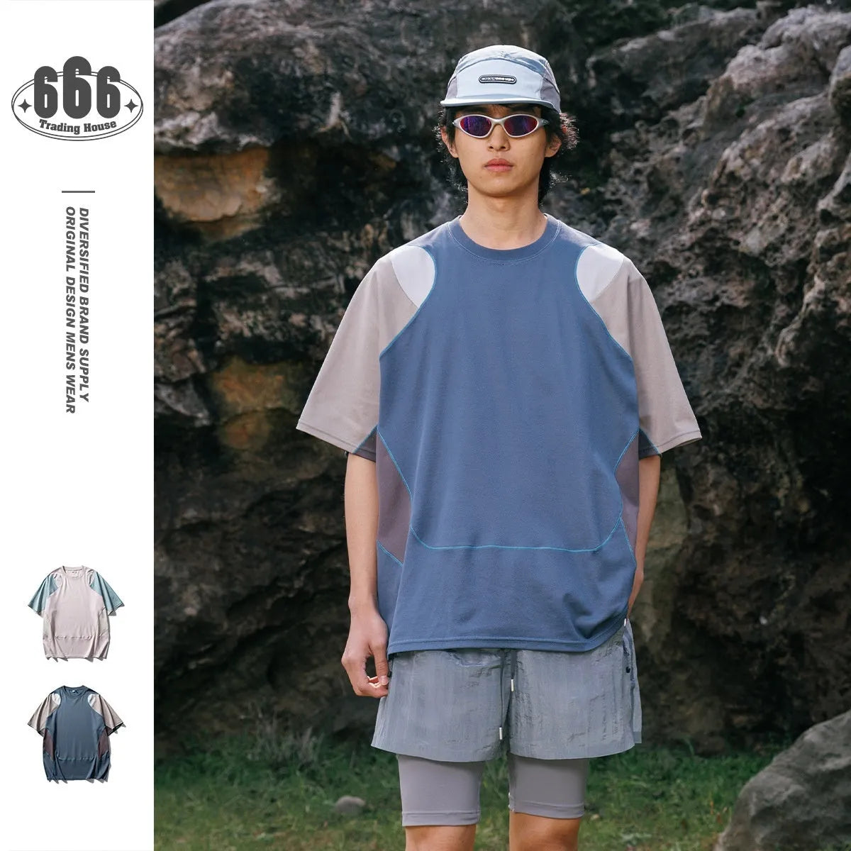 Men's patchwork contrast colour sports T-shirt with raglan sleeves in cotton blend fabric