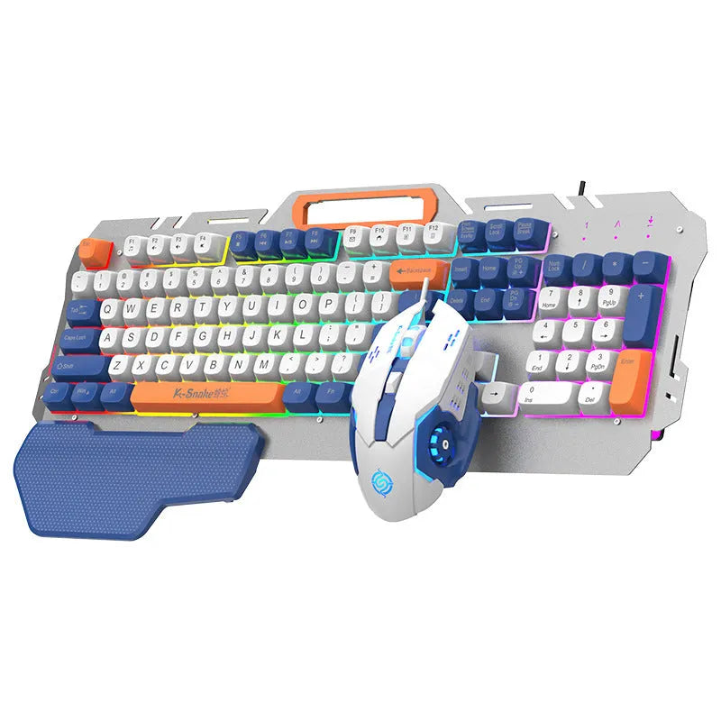 Blue wired gaming keyboard and mouse combo with backlit keys on gaming desk
