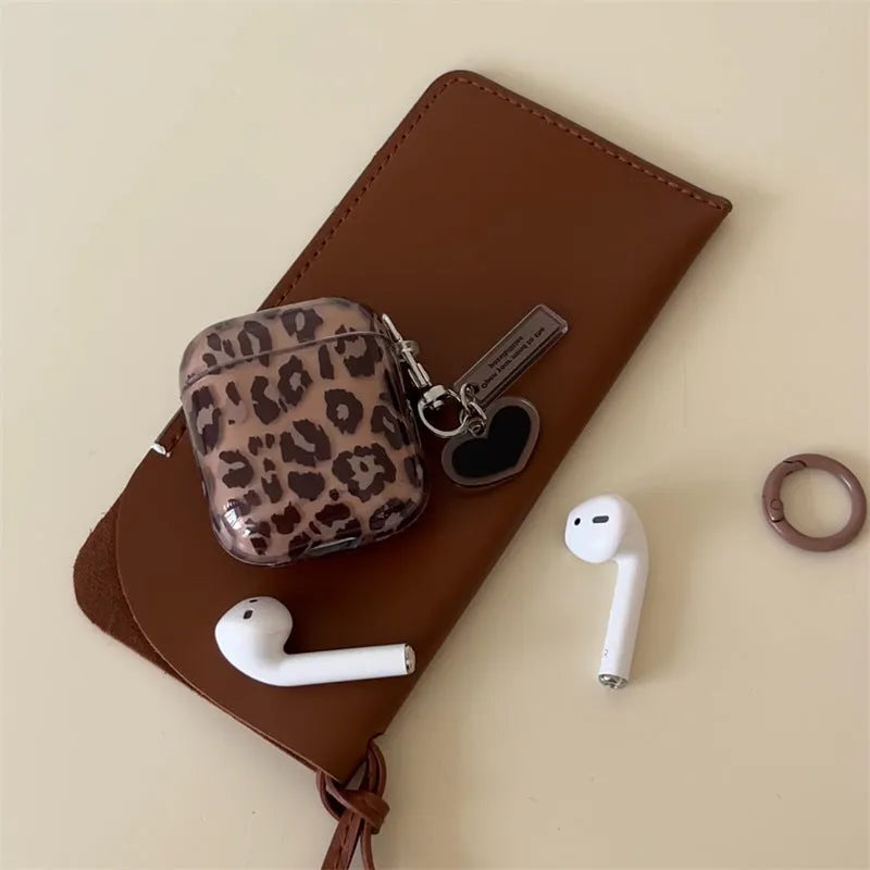 Transparent brown leopard printed PC earphone sleeve for Apple AirPods charging case with snap-on fit
