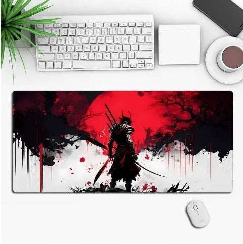 Large custom anime print gaming mouse pad on a desk with keyboard and mouse