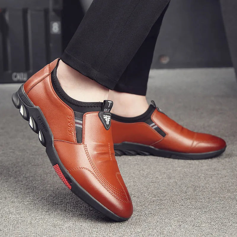 Men's black and brown PU leather business shoes with flat heel and lace-up design