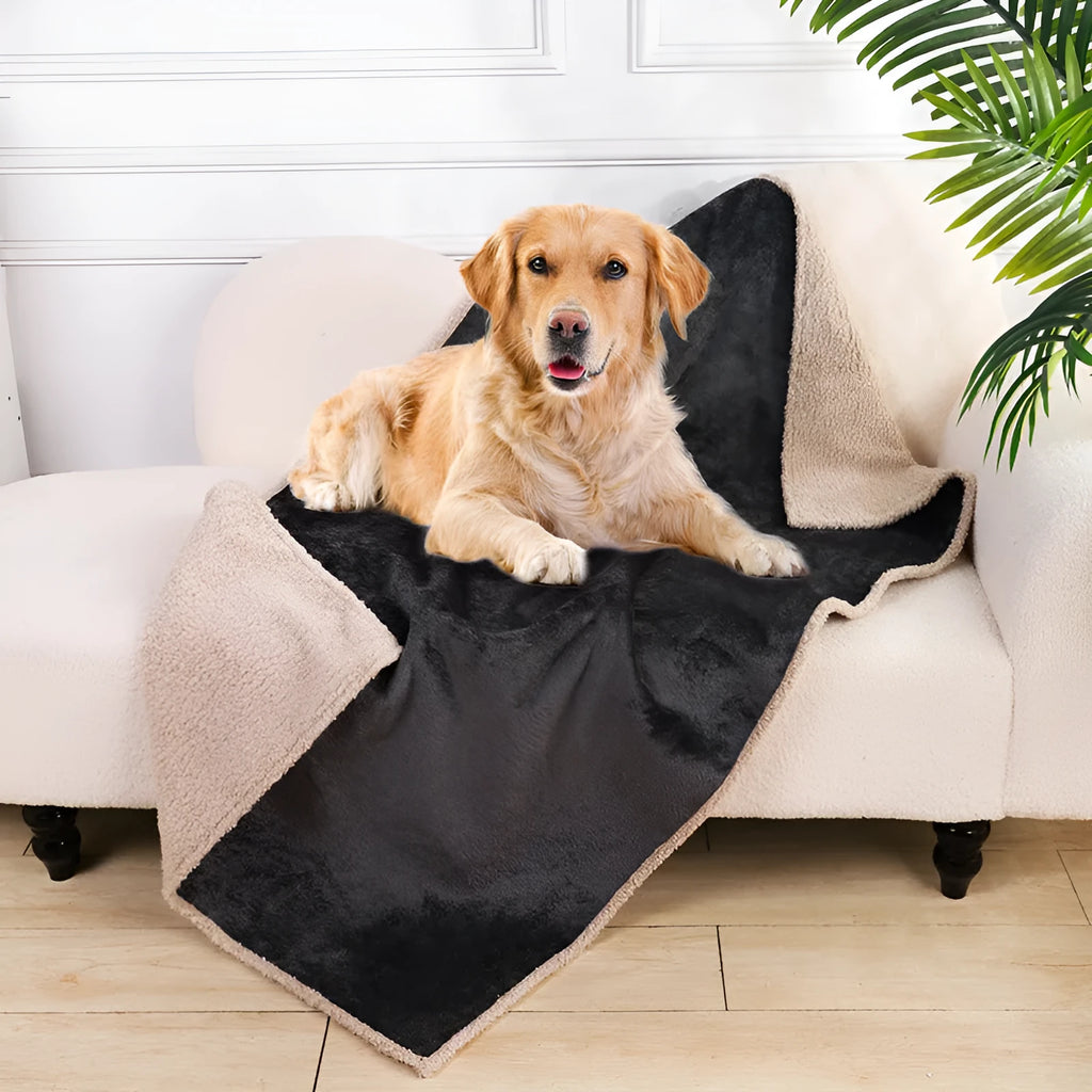 Flannel fleece composite thickened waterproof pet pad in blue gray, on a dog bed, available in multiple sizes