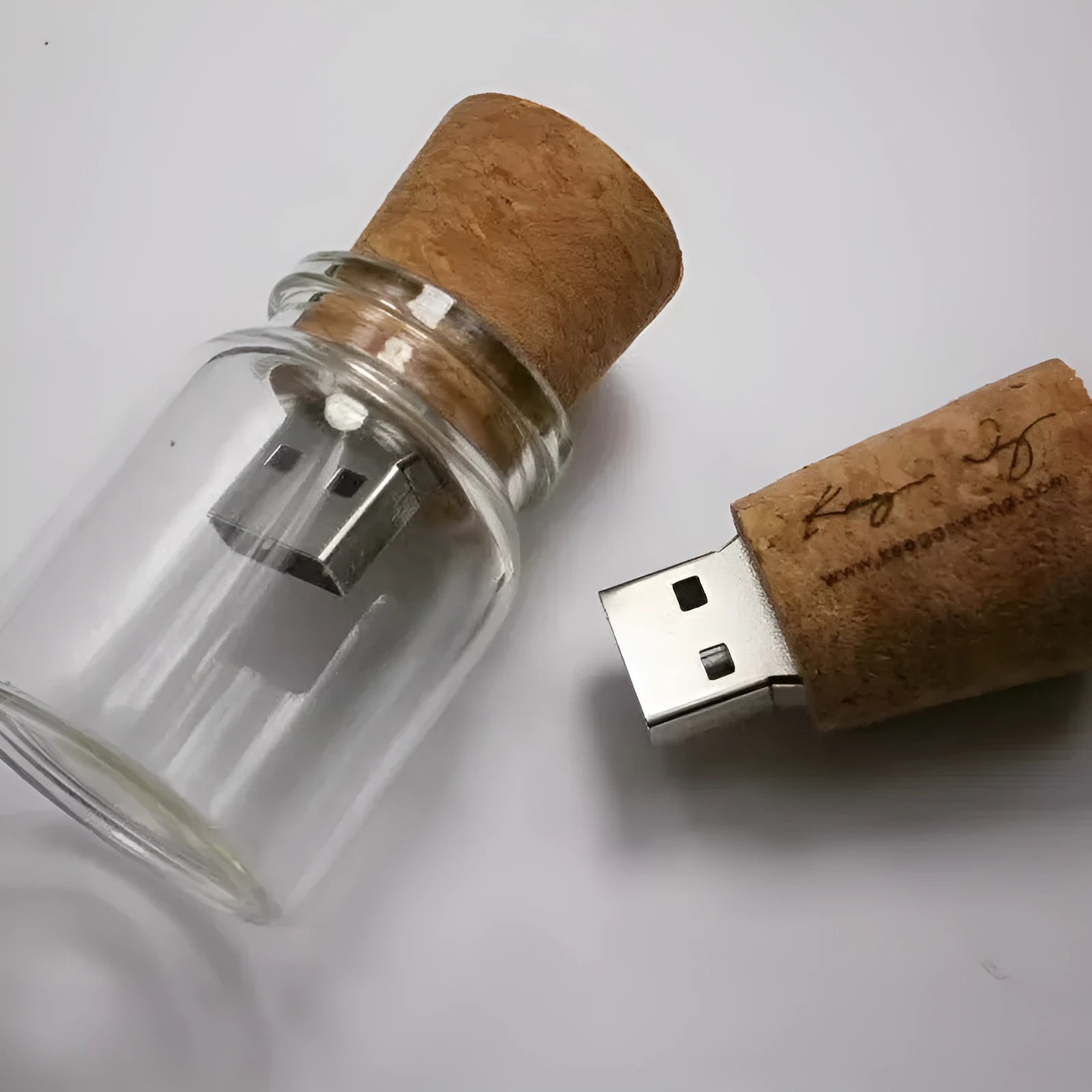 Wooden wish bottle USB flash drive with transparent design measuring 60mm by 28mm