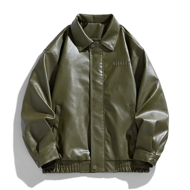 Men's retro motorcycle PU leather jacket with loose lapel, slim fit, in black colour with corduroy details