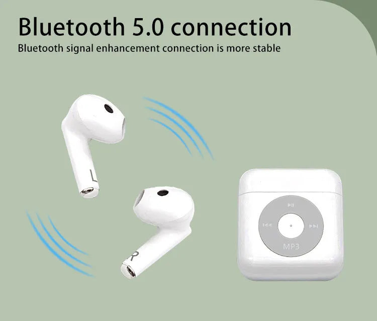 White semi-in-ear wireless Bluetooth earphones with charging case and memory card.