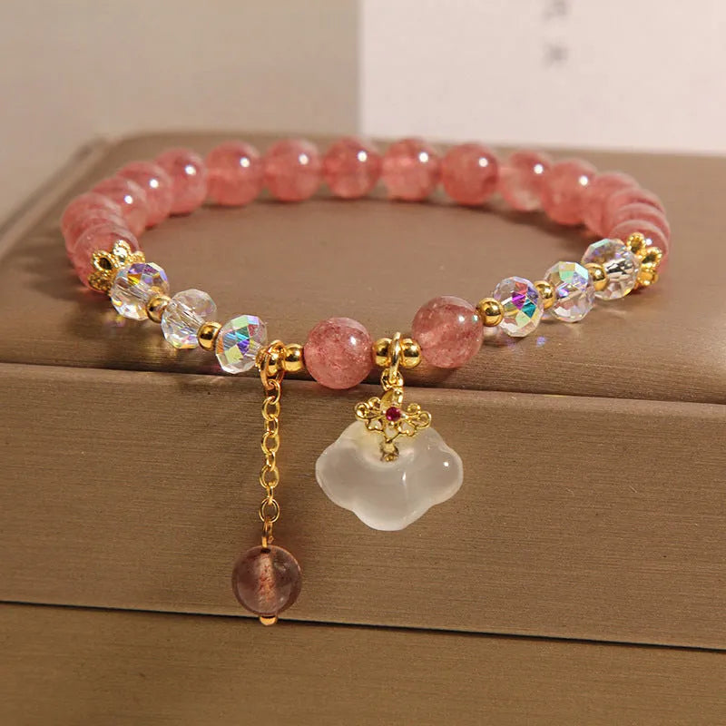 Women's natural crystal bracelet with strawberry quartz and white agate beads, auspicious clouds design, 40 grams weight