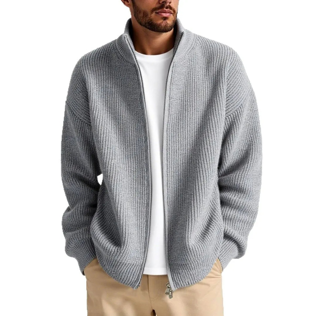 Men's loose fit cardigan sweater coat in grey green on a hanger