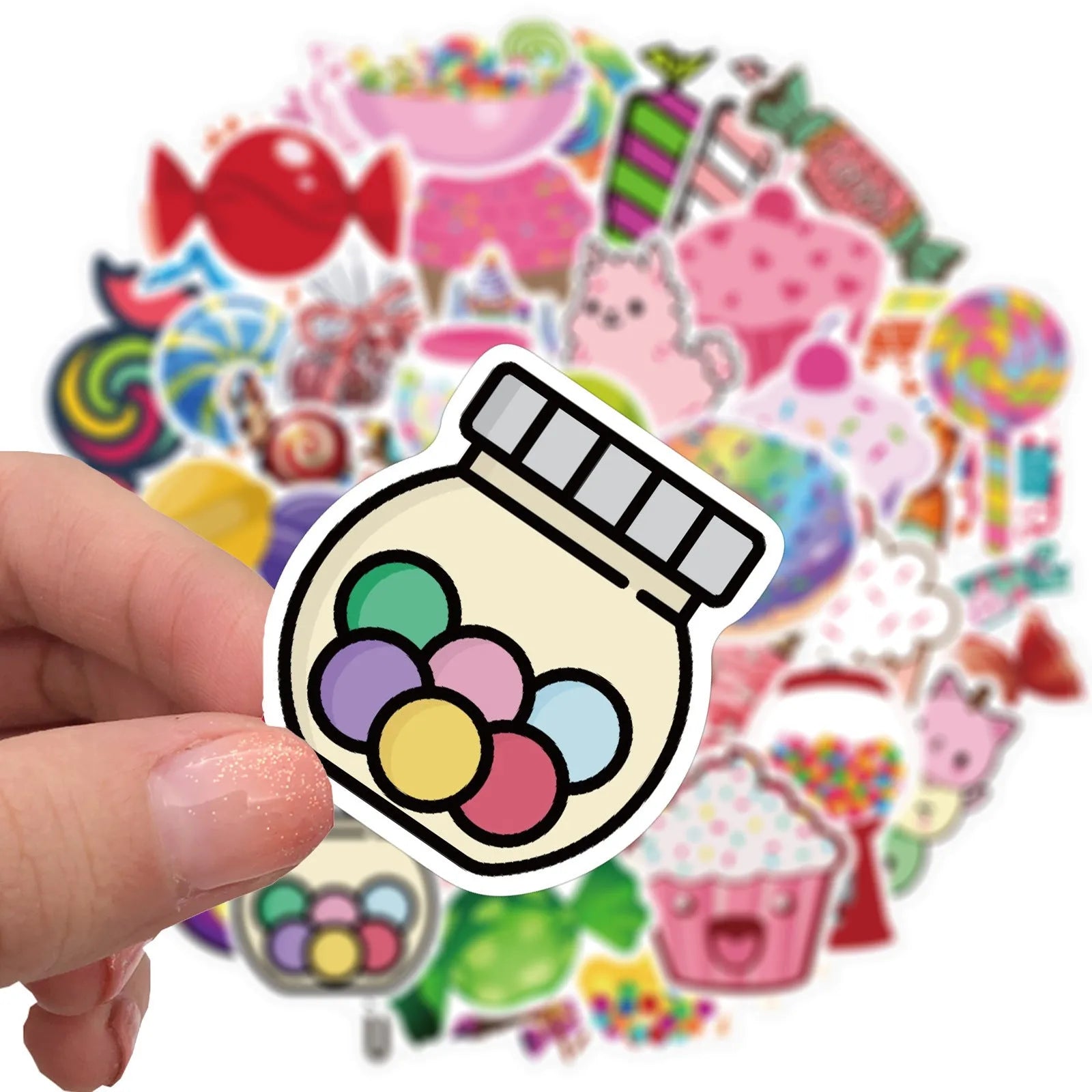 50 colourful candy series graffiti stickers with cartoon designs on sheets