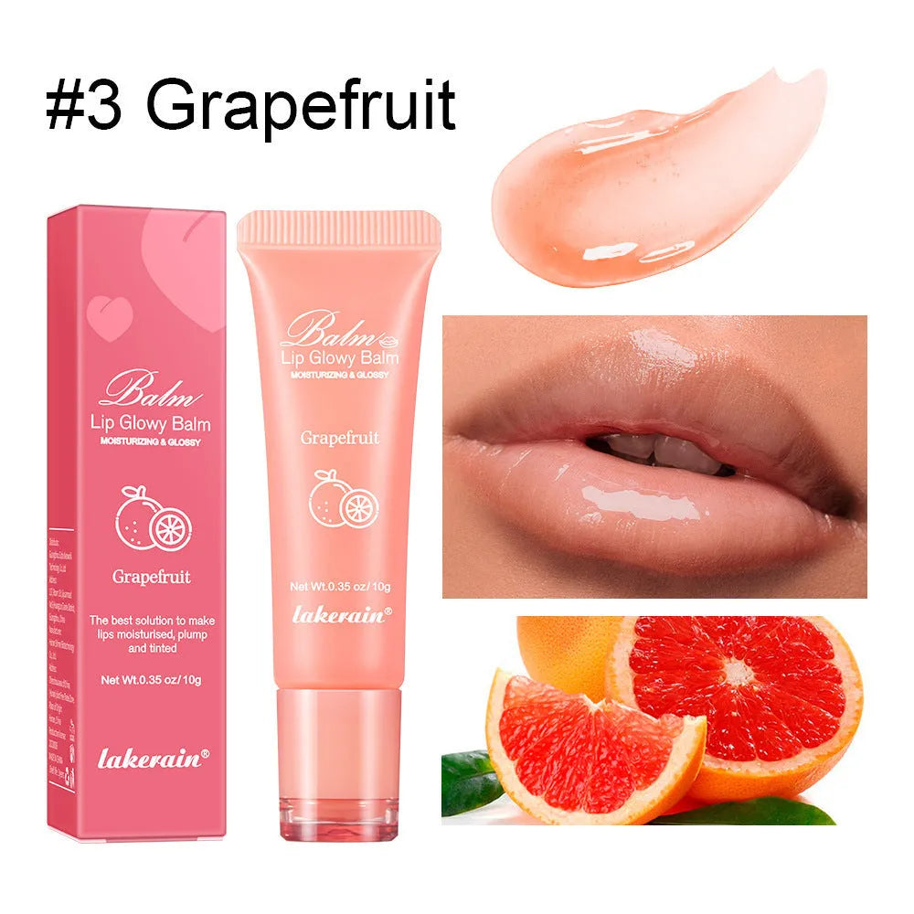 Women's natural finish lip gloss in yellow peach, berry, pomelo, and grape flavour colours.