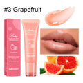 Women's natural finish lip gloss in yellow peach, berry, pomelo, and grape flavour colours.