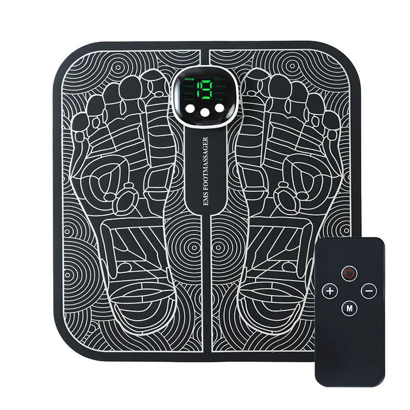 A rechargeable reflexology foot massager mat with remote control and USB charging cable.
