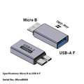 Micro B USB adapter converter for data transfer and charging, showing male and female Type-C and USB connectors.