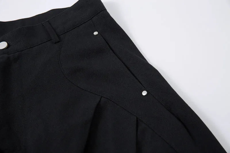 Men's pleated machete casual trousers in black, loose-fitting wide-leg cotton pants with mid waist