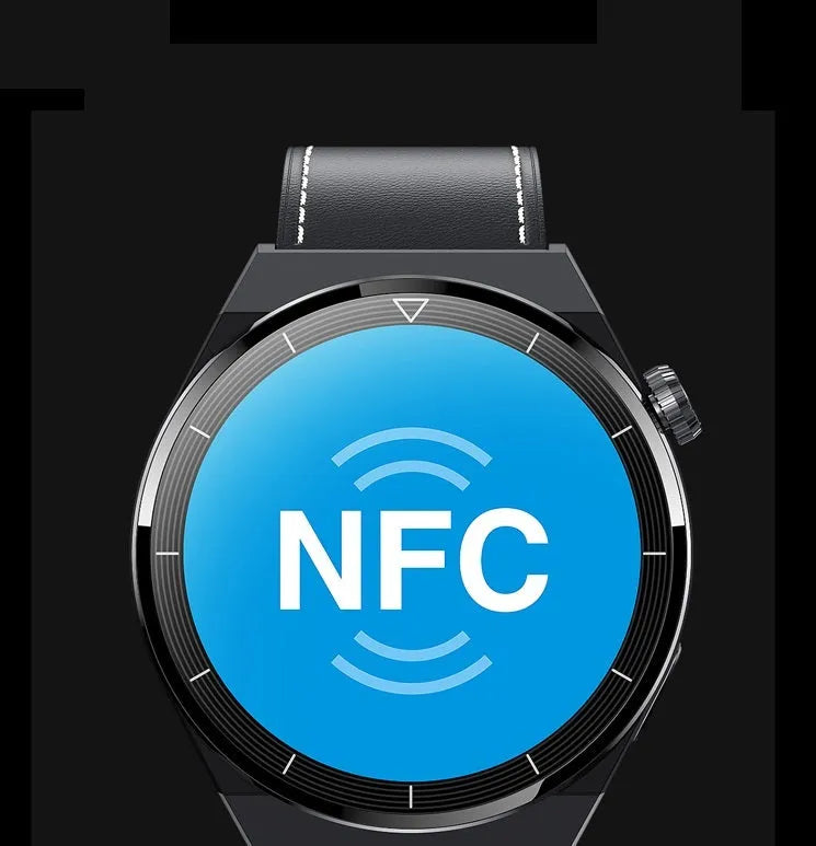 Black Bluetooth smart watch with circular dial and silicone band showing NFC access control and call functionality