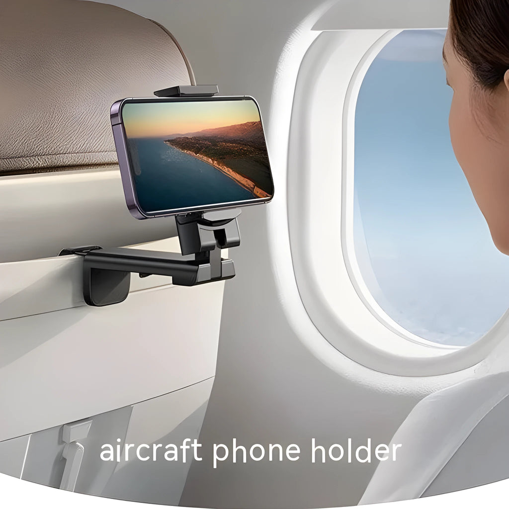 Black foldable phone holder with rotating mechanism shown holding a mobile phone at an angle