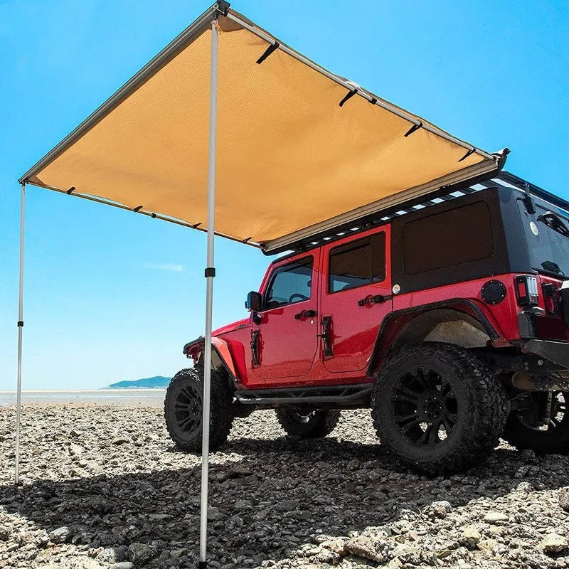 Camping tent with aluminium frame and black glue waterproof coating in outdoor setting