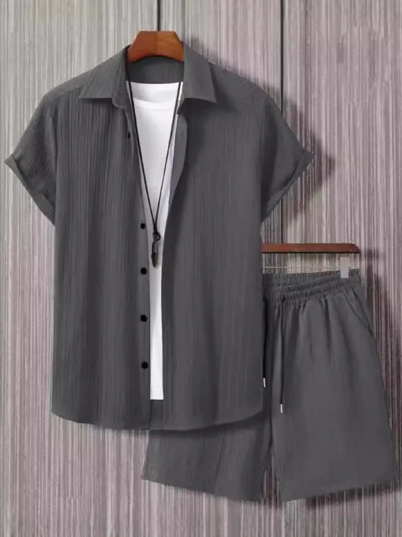 Men's jacquard short sleeve shirt and matching shorts suit set in beige, black, grey, or white